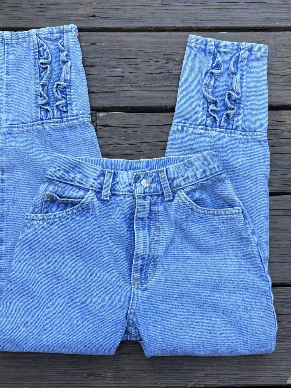 VTG Lee Girls Jeans Sz 12 Slim USA Light Wash Ruffle Hem Denim 90s style 2001